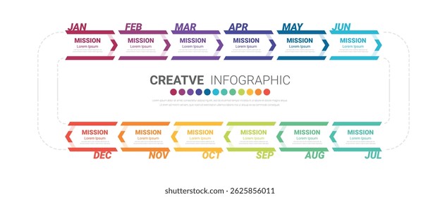 Timeline for 1 year, 12 months, infographics all month planner design and Presentation business can be used for workflow, process diagram, flow chart. EPS vector.