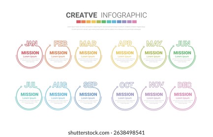 Timeline for 1 year, 12 months, infographics all month planner design and Presentation business can be used for workflow, process diagram, flow chart. EPS vector.