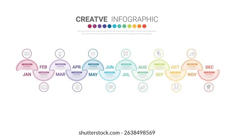 Timeline for 1 year, 12 months, infographics all month planner design and Presentation business can be used for workflow, process diagram, flow chart. EPS vector.