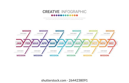 Timeline for 1 year, 12 months, infographics all month planner design and Presentation business can be used for workflow, process diagram, flow chart. EPS vector.