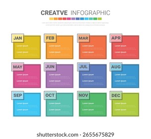 Línea de tiempo para 1 año, 12 meses, infografías todo el mes de diseño de planificador y presentación de negocios se puede utilizar para el flujo de trabajo, diagrama de proceso, diagrama de flujo. Vector EPS.