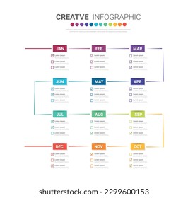 Línea de tiempo para 1 año, calendario, 12 meses, Presentación 4 trimestre, Línea de tiempo infográfica se puede utilizar para flujo de trabajo, diagrama de procesos, diagrama de flujo, vector EPS.