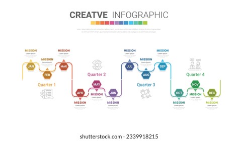 Timeline for 1 year, calendar, 12 months, Presentation business 4 quarter, Infographic Timeline can be used for workflow, process diagram, flow chart. EPS vector.