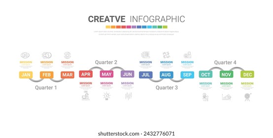 Timeline for 1 year, calendar, 12 months, Presentation business 4 quarter, Infographic Timeline can be used for workflow, process diagram, flow chart, EPS vector.