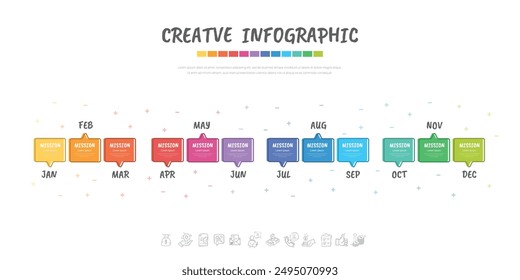 Cronología para 1 año, calendario, 12 meses, Presentación del negocio 4 trimestre, Infografía Cronología se puede utilizar para el flujo de trabajo, diagrama de proceso, diagrama de flujo. VECTOR EPS.