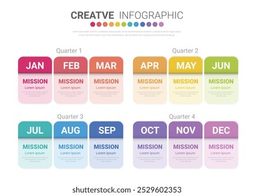 Línea de tiempo para 1 año, calendario, 12 meses, presentación de negocios 4 trimestre, Infografía Línea de tiempo se puede utilizar para el flujo de trabajo, diagrama de proceso, diagrama de flujo. Vector EPS.