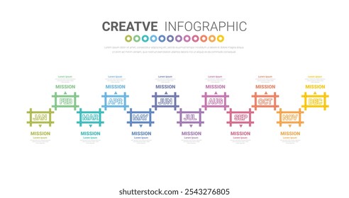 Línea de tiempo para 1 año, calendario, 12 meses, presentación de negocios 4 trimestre, Infografía Línea de tiempo se puede utilizar para el flujo de trabajo, diagrama de proceso, diagrama de flujo. Vector EPS.