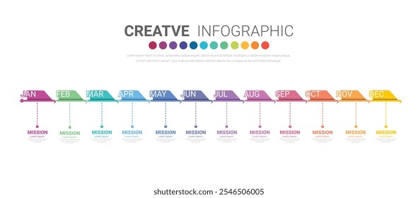 Línea de tiempo para 1 año, calendario, 12 meses, presentación de negocios 4 trimestre, Infografía Línea de tiempo se puede utilizar para el flujo de trabajo, diagrama de proceso, diagrama de flujo. Vector EPS.