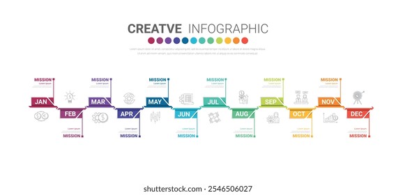 Línea de tiempo para 1 año, calendario, 12 meses, presentación de negocios 4 trimestre, Infografía Línea de tiempo se puede utilizar para el flujo de trabajo, diagrama de proceso, diagrama de flujo. Vector EPS.