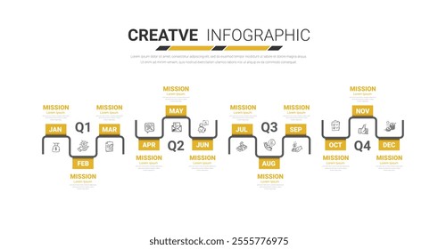 Timeline for 1 year, calendar, 12 months, Presentation business 4 quarter, Infographic Timeline can be used for workflow, process diagram, flow chart. EPS vector.