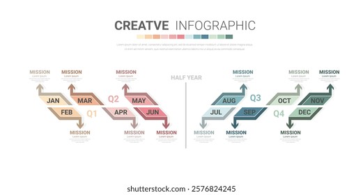 Timeline for 1 year, calendar, 12 months, Presentation business 4 quarter, Infographic Timeline can be used for workflow, process diagram, flow chart. EPS vector.