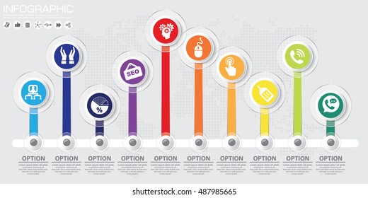 Timeline 10 options or steps vector infographic. World map Background
