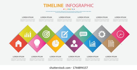 Línea de tiempo durante 12 meses o 1 año, plantilla cuadrada de Infografía para negocios.