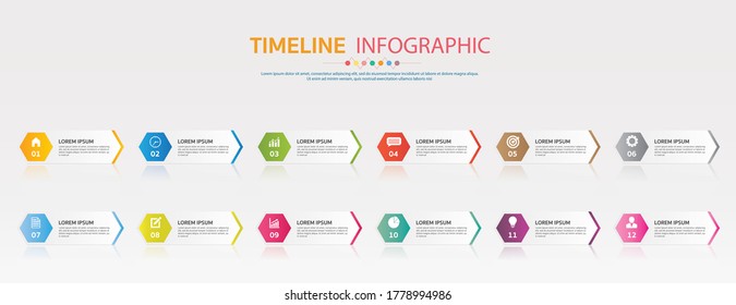 Timeline for 12 months or 1 year, Infographic hexagon template for business.road map.