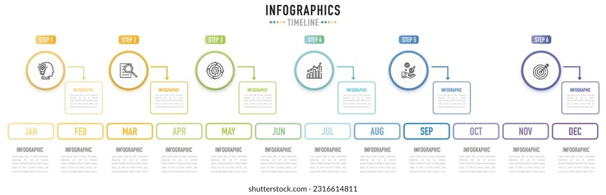 Timeline 12 months infographic template or element with 6 step, process, option, colorful horizontal circle, button, rectangle, square, minimal, modern style for sale slide, planner, schedule workflow
