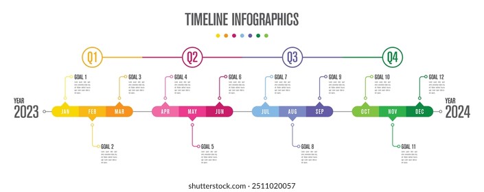 Timeline 12 months infographics illustration design template with icons. Can be used for process, presentations, layout, banner, info graph element.