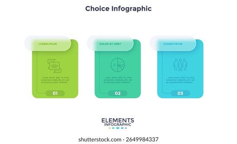 Linha do tempo com 3 cartões colocados na linha horizontal. Conceito de três fases de desenvolvimento de projetos empresariais. Modelo de design infográfico mínimo. Ilustração vetorial plana moderna para apresentação.