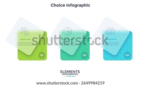 Timeline with 3 cards placed in horizontal row. Concept of three stages of business project development. Minimal infographic design template. Modern flat vector illustration for presentation.