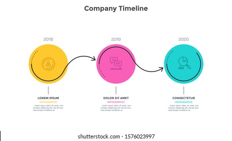 Timeline with 3 circular elements connected by arrows. Concept of three stages of startup project development and progress history. Minimal infographic design template. Flat vector illustration.