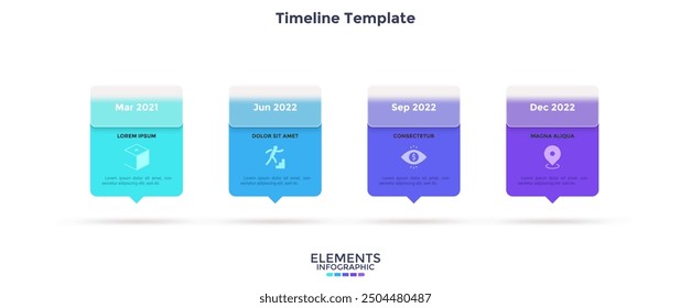 Timeline with 4 cards placed in horizontal row. Concept of four stages of business project development. Minimal infographic design template. Modern flat vector illustration for presentation.