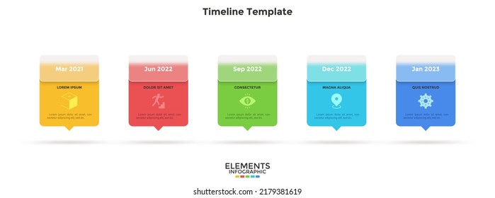 Timeline with 5 cards placed in horizontal row. Concept of five stages of business project development. Minimal infographic design template. Modern flat vector illustration for presentation.