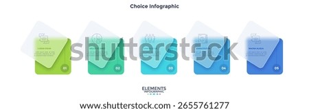 Timeline with 5 cards placed in horizontal row. Concept of five stages of business project development. Minimal infographic design template. Modern flat vector illustration for presentation.