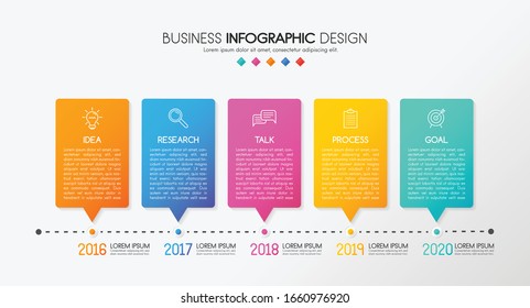 Línea de tiempo con 5 pasos. Infografía colorida. Vector