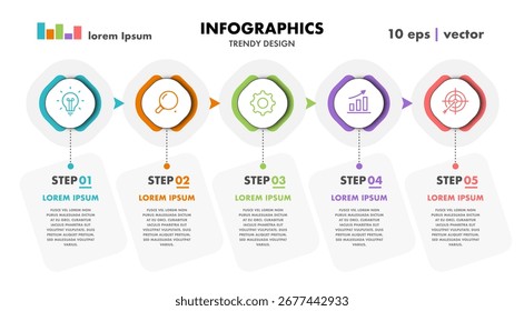 Línea de tiempo 5 pasos infografía Plantilla progreso estilo de color de moda para la presentación, inicio de proyecto, estrategia de negocios, teoría de la operación básica, Vector de análisis lógico