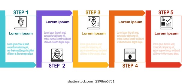 Zeitstrahl mit 5 Schritten, Label- und Marketingsymbole.Business-Infografik-Vorlage.Sie können für Prozessdiagramm, Präsentationen, Workflow-Layout, Banner, Flussdiagramm.