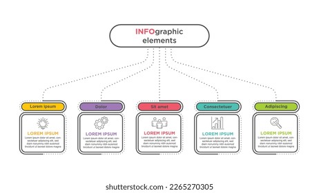 Línea de tiempo con 5 pasos, opciones e íconos de marketing .Vector infografía lineal con cuatro elementos de círculo conectados. Para contenido, diagrama, diagrama de flujo, pasos, partes, infografía de línea de tiempo, flujo de trabajo, gráfico.