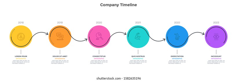 Timeline with 6 circular elements connected by arrows. Concept of six stages of startup project development and progress history. Minimal infographic design template. Flat vector illustration.