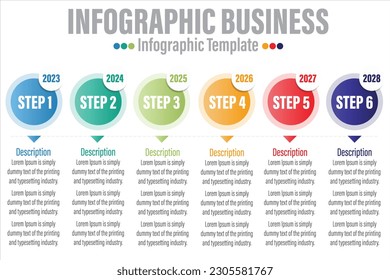 Timeline 6 Steps, six 6 option shape table chart elements with steps,road map,options,milestone,processes or workflow.Business data visualization.Creative step infographic template for present