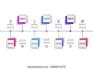 Zeitstrahl mit 7 Elementen, Infografik-Vorlage für Web, Business, Präsentationen, Vektorgrafik