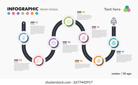 Línea de tiempo Infografía de 7 pasos Vector Plantilla Progreso Estilo de color de moda para presentación, inicio de proyecto, estrategia de negocios, teoría de la operación básica, análisis lógico