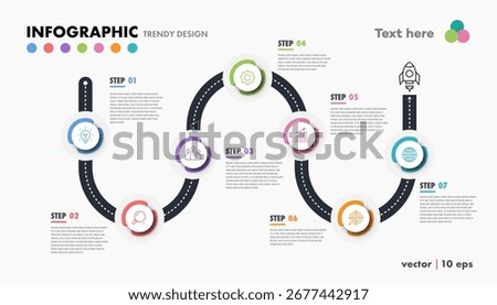 Timeline 7 steps infographic vector template progress trendy color style for presentation, start up project, business strategy, theory basic operation, logic analysis