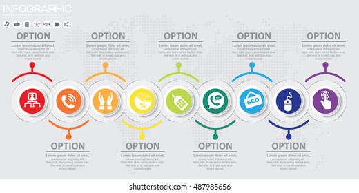 Timeline 9 Options Or Steps Vector Infographic. World Map Background