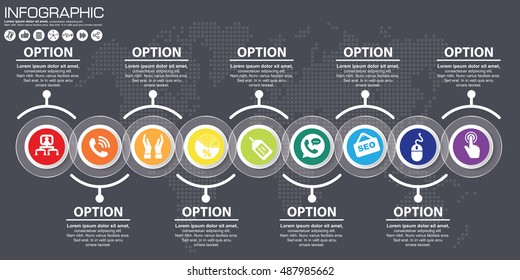 Timeline 9 Options Or Steps Vector Infographic. World Map Background