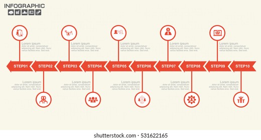 Timeline Arrow Infographics template 10 options. Isolated design elements. Vector illustration.