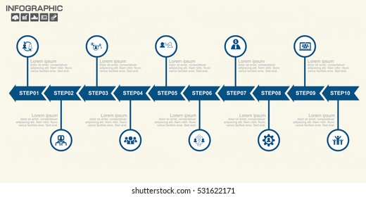 Modelo de Infográficos de seta de linha do tempo 10 opções. Elementos de design isolados. Ilustração vetorial.