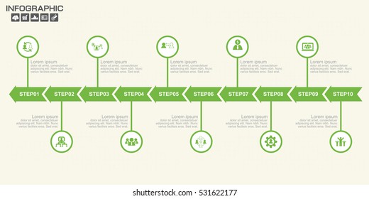 Timeline Arrow Infographics template 10 options. Isolated design elements. Vector illustration.