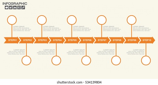 Timeline Arrow Infographics template 10 options. Isolated design elements. Vector illustration.
