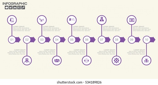 Timeline Arrow Infographics template 10 options. Isolated design elements. Vector illustration.