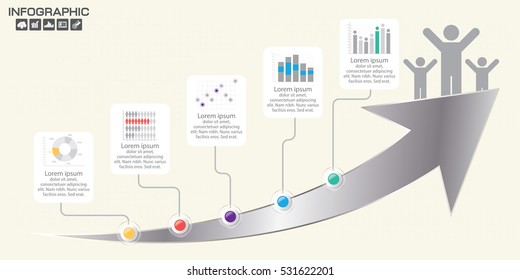 Opções de modelo de Infográficos de seta de linha do tempo 5. Elementos de design isolados. Ilustração vetorial.