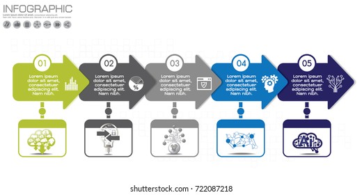 Timeline Arrow Infographics template 5 options. Isolated design elements. Vector illustration.