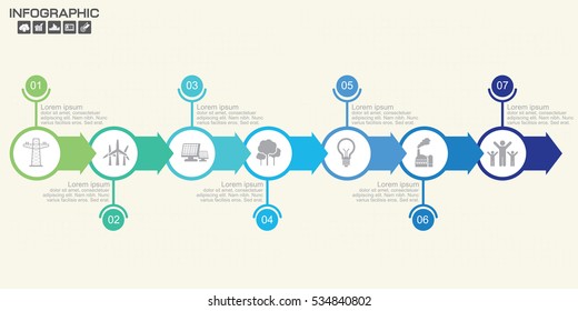 Timeline Arrow Infographics template 7 options. Isolated design elements. Vector illustration.