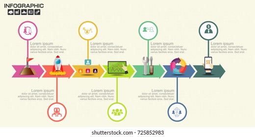 Timeline Arrow Infographics template of 7 options or steps. Isolated design elements. Vector illustration with business icons.