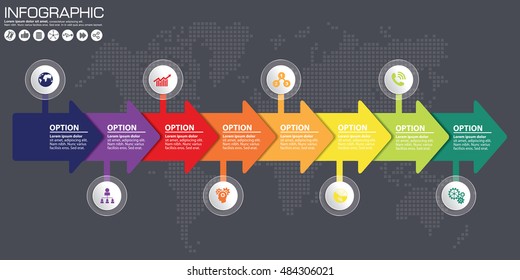 Timeline and arrow vector infographic. World map Background