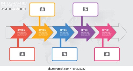 Timeline and arrow vector infographic. World map Background
