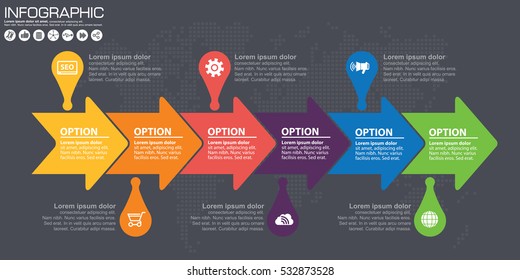 Timeline and arrow vector infographic. World map Background