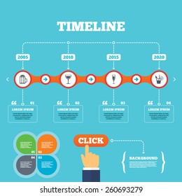 Timeline with arrows and quotes. Alcoholic drinks icons. Champagne sparkling wine and beer symbols. Wine glass and cocktail signs. Four options steps. Click hand. Vector